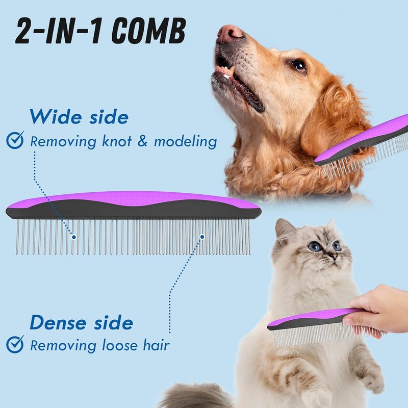 Docrok Pet Grooming Brush and Metal Comb Combo - Undercoat Rake for Dematting and Deshedding Long Matted Haired Dogs and Cats, Purple - Image 3